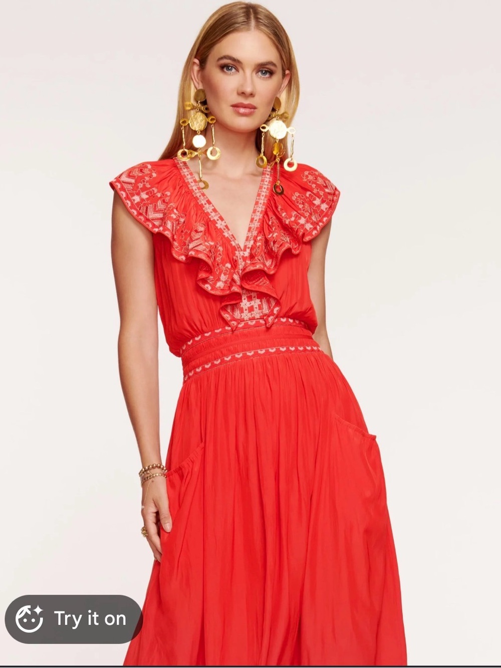 Ramy Brook Camden Embroidered Ruffled V-Neck Maxi Dress